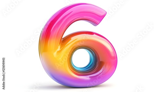 Colorful glossy number six, 3D render, white background, design element photo