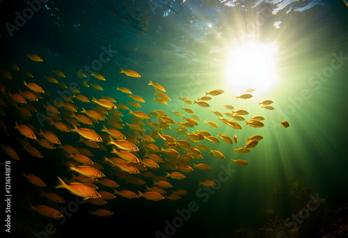 Underwater scene, school of bright orange fish, sunbeams penetrating water, deep blue ocean, vibrant colors, underwater photography, light rays, marine life, tropical fish, coral reef ecosystem, cryst photo