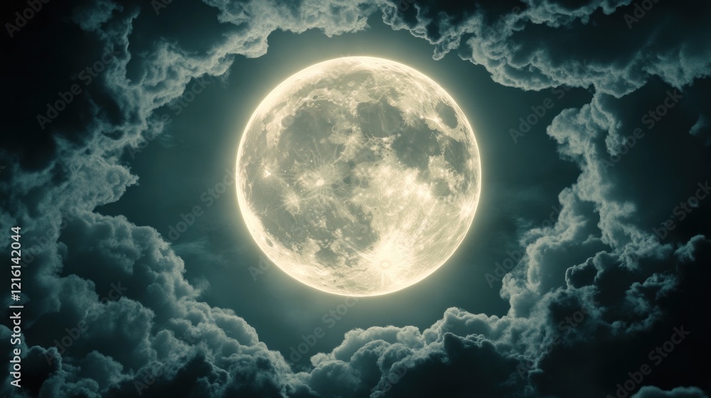 Obraz premium Dramatic moon shining in the sky surrounded by dark moody clouds