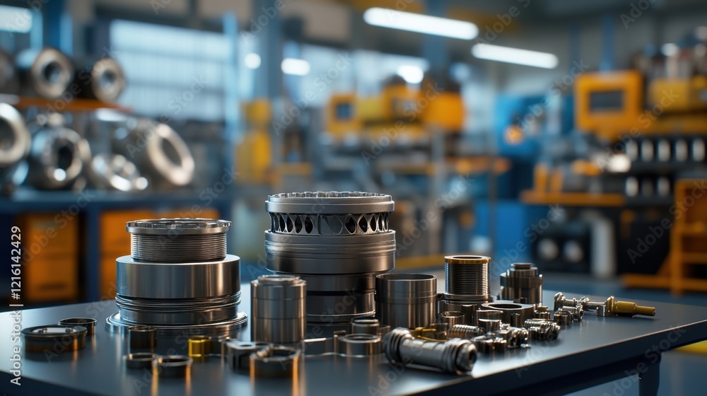 Industrial engine components arranged on a workshop table with a blurred background. Industrial engine components arranged on a workshop table with a blurred background.