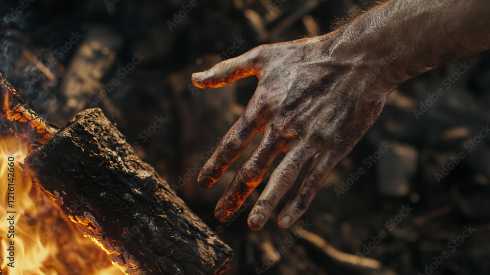 Fototapeta premium close up of hand reaching towards campfire, showcasing dirt and warmth