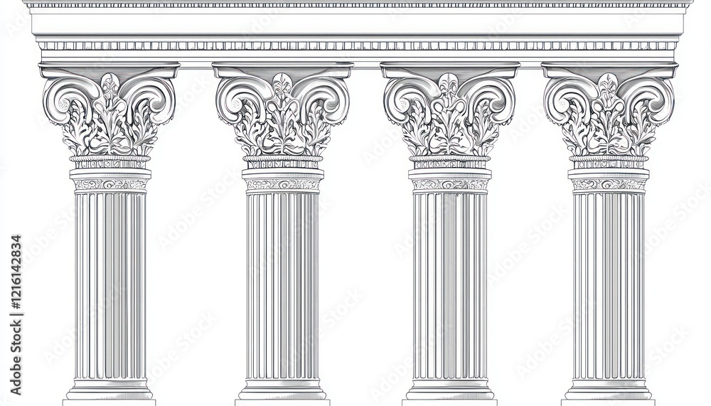Fototapeta premium Detailed line art ancient columns featuring decorative elements in a minimalist