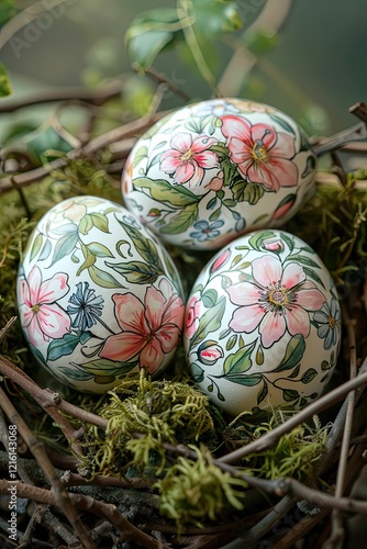 Wallpaper Mural Eggs decorated with delicate watercolor flowers and delicate green leaves, located in a nest of moss and twigs Torontodigital.ca