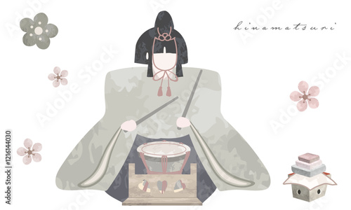 水彩で描いた五人囃子（太鼓）のイラスト素材