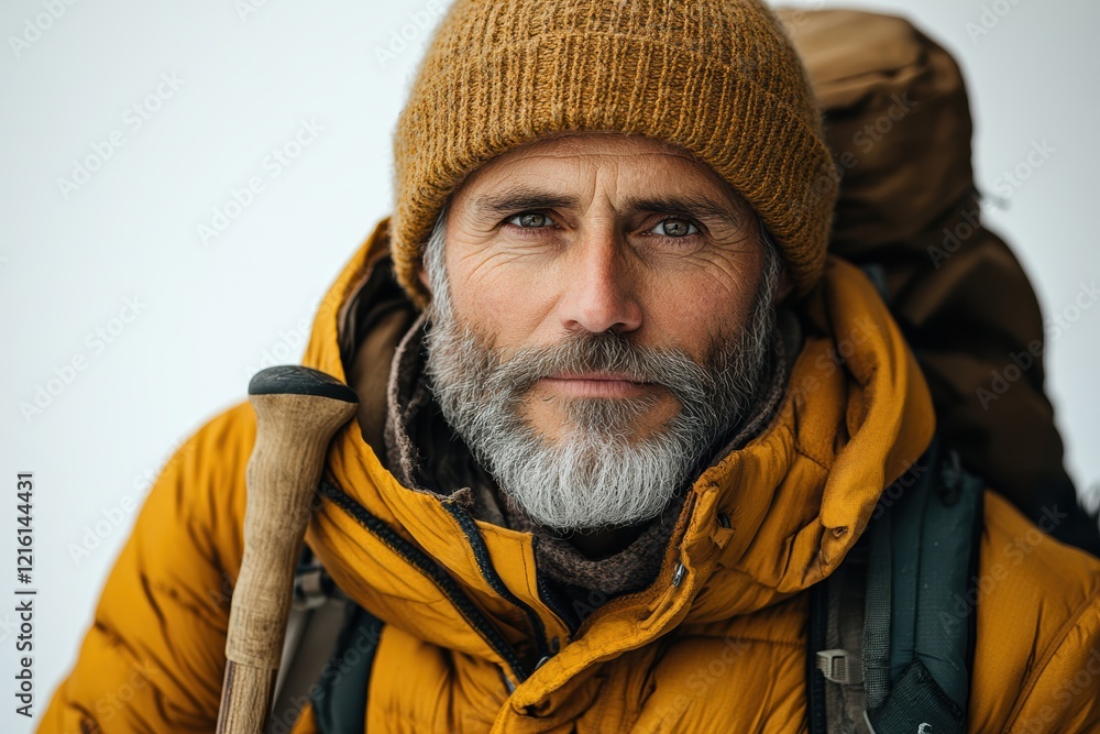 Hiker holding a walking stick, standing peacefully, Hiker holding a walking stick, standing peacefully,