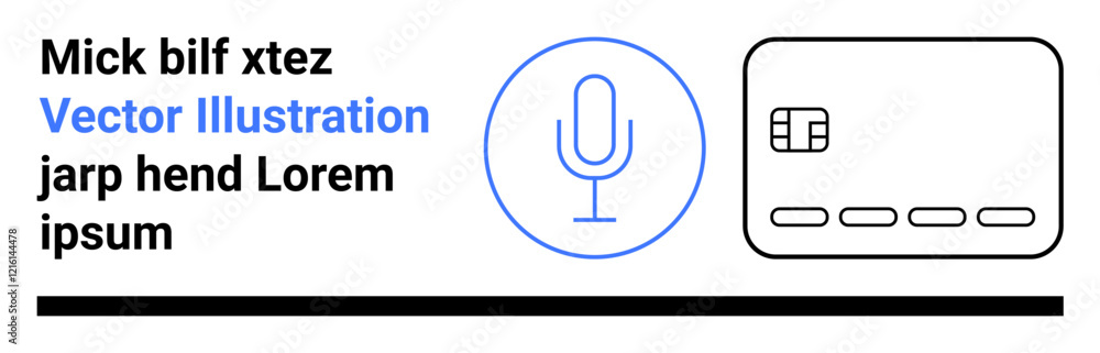 Microphone icon and credit card outline accompanied by placeholder text. Ideal for digital payments, podcasts, security, fintech, audio recordings, online transactions, e-commerce. Landing page Microphone icon and credit card outline accompanied by placeholder text. Ideal for digital payments, podcasts, security, fintech, audio recordings, online transactions, e-commerce. Landing page