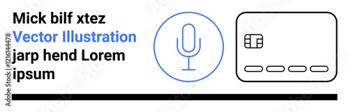 Microphone icon and credit card outline accompanied by placeholder text. Ideal for digital payments, podcasts, security, fintech, audio recordings, online transactions, e-commerce. Landing page