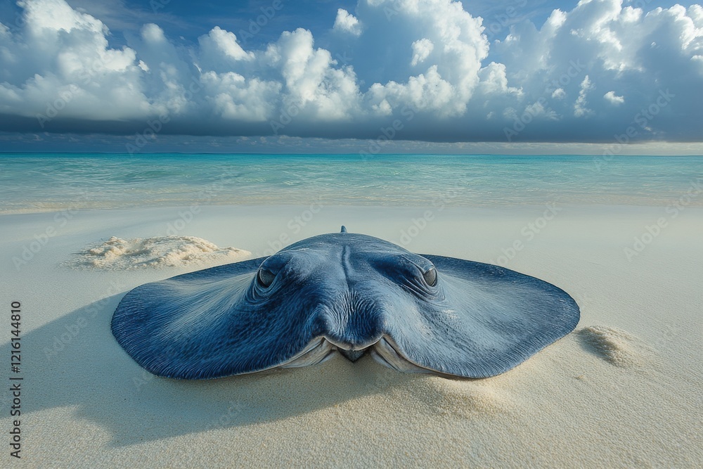 Fototapeta premium Stingray on a tropical beach under a dramatic sky. A peaceful yet powerful image.