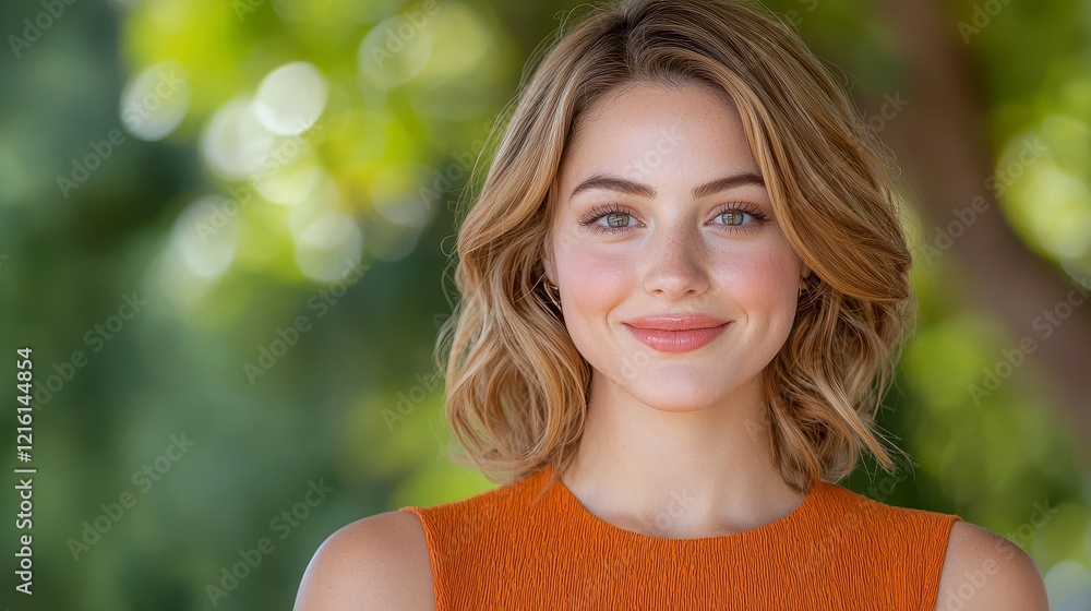 Woman wearing a bright orange top standing outdoors with a neutral background and natural lighting Woman wearing a bright orange top standing outdoors with a neutral background and natural lighting