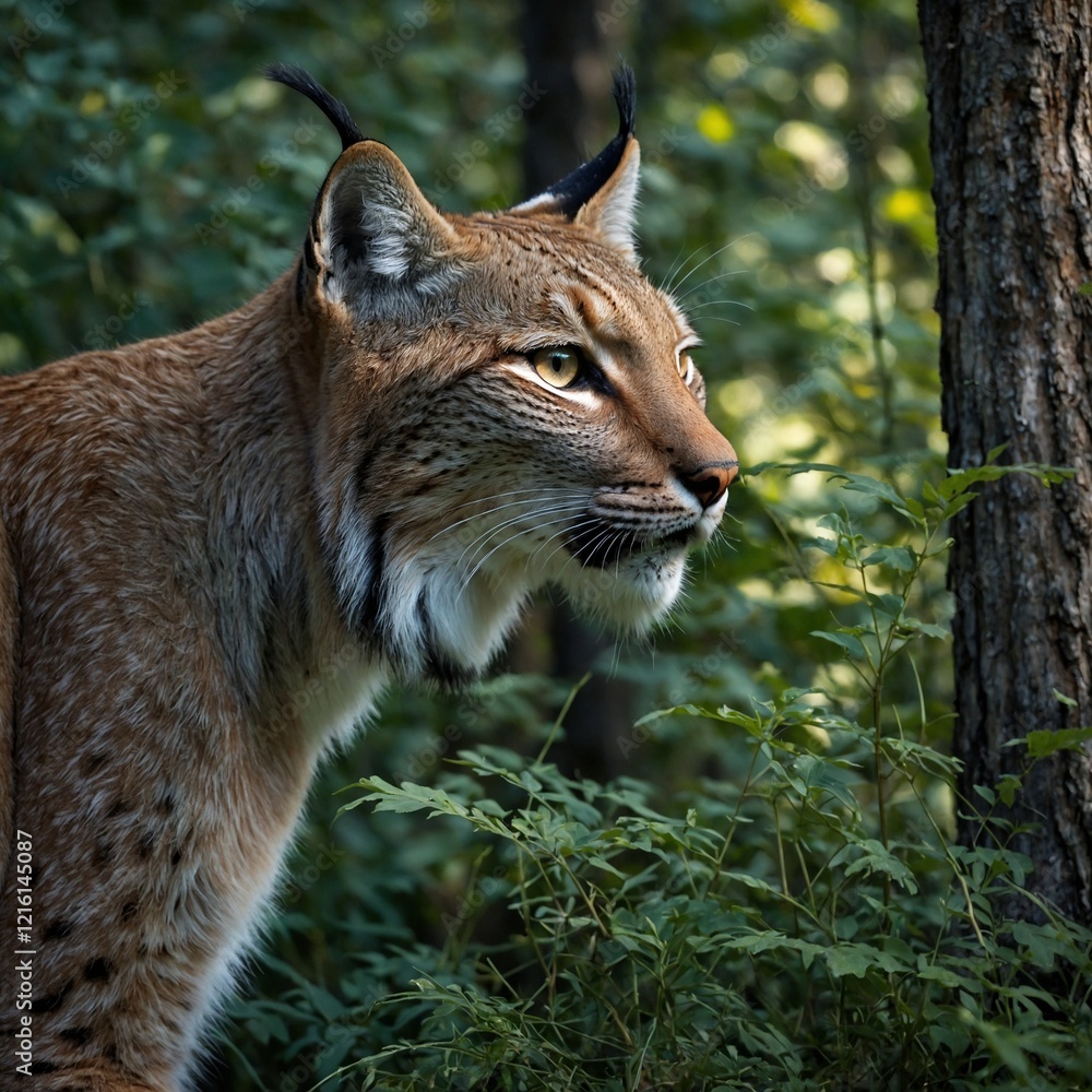 Obraz premium Picture a lynx prowling quietly through the underbrush, its eyes scanning for movement.