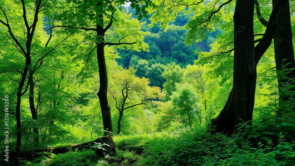 Lush Green Forest Canopy, Sunlight Dappled Woods Lush Green Forest Canopy, Sunlight Dappled Woods