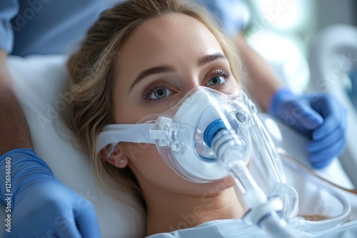 Nurse adjusting an oxygen mask on a patient resting in a hospital bed photo