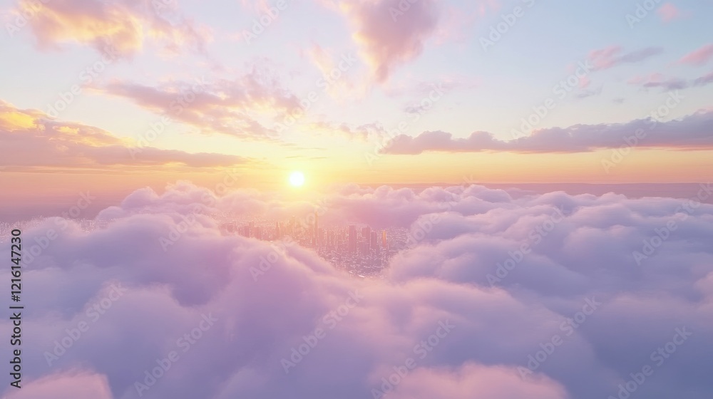 A serene floating city above the clouds, sleek glowing buildings under a dreamy pastel sunset A serene floating city above the clouds, sleek glowing buildings under a dreamy pastel sunset