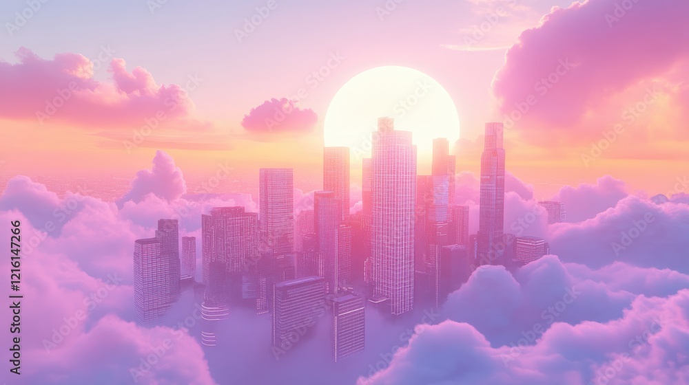 A sci-fi inspired floating city with sleek glowing buildings, resting peacefully in the clouds under a dreamy pastel sunset A sci-fi inspired floating city with sleek glowing buildings, resting peacefully in the clouds under a dreamy pastel sunset