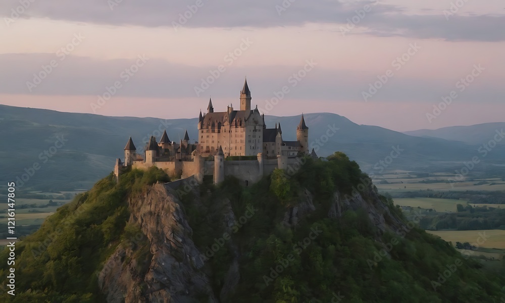 A historic castle perched atop a hill, overlooking a picturesque valley A historic castle perched atop a hill, overlooking a picturesque valley