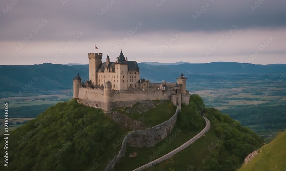A historic castle perched atop a hill, overlooking a picturesque valley A historic castle perched atop a hill, overlooking a picturesque valley