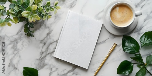White notebook sits on a marble countertop next to a coffee cup