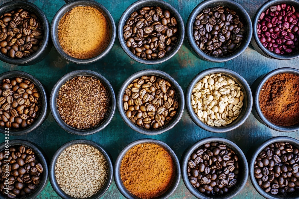 Coffee beans, grounds, and spices in bowls on teal background Coffee beans, grounds, and spices in bowls on teal background