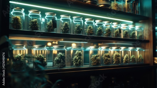 Wallpaper Mural Cannabis buds in glass jars on shelves. Torontodigital.ca