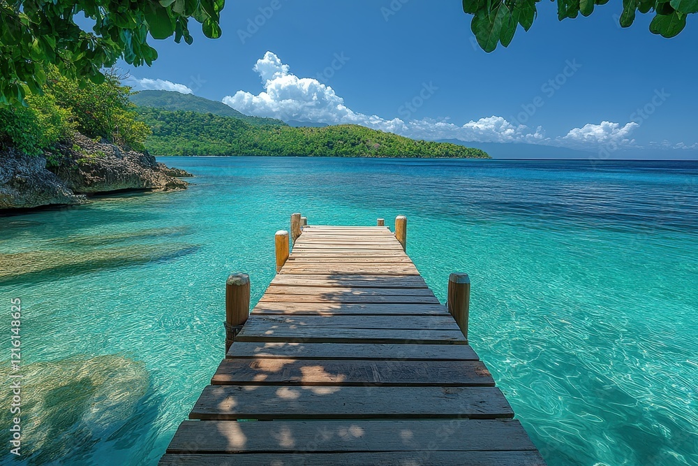Fototapeta premium Wooden Pier Extending into Crystal-Clear Turquoise Waters