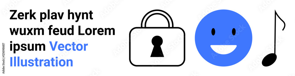 Text with placeholder words, black padlock icon, blue smiling face, black music note. Ideal for digital security, social media, online communication, privacy, positive emotions multimedia Text with placeholder words, black padlock icon, blue smiling face, black music note. Ideal for digital security, social media, online communication, privacy, positive emotions multimedia