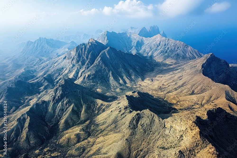 Aerial view rugged mountains, desert landscape, ocean horizon, summer Aerial view rugged mountains, desert landscape, ocean horizon, summer