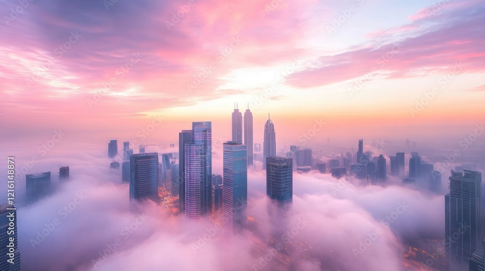 Fototapeta premium Futuristic cityscape floating in the clouds, sleek glowing buildings framed by a stunning pastel horizon