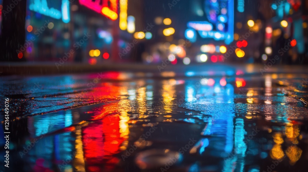 Obraz premium City street at night, rain reflecting neon lights.