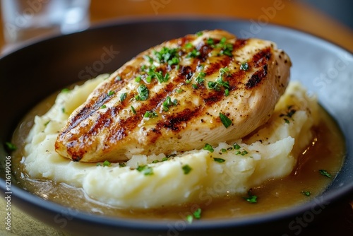 Grilled chicken breast, mashed potatoes, gravy, restaurant, close-up