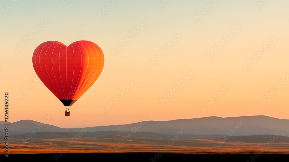 Fototapeta premium A whimsical drawing of a heart-shaped hot air balloon hovering over a charming countryside landscape with fields and a cottage.