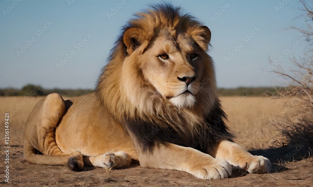 A majestic lion basking in the sun on a savanna A majestic lion basking in the sun on a savanna