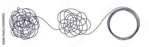 Chaos and order business concept flat style design vector illustration isolated on white background. Tangled disorder turns into spiral order line, find solution. Coaching, mentoring or psychotherapy.
