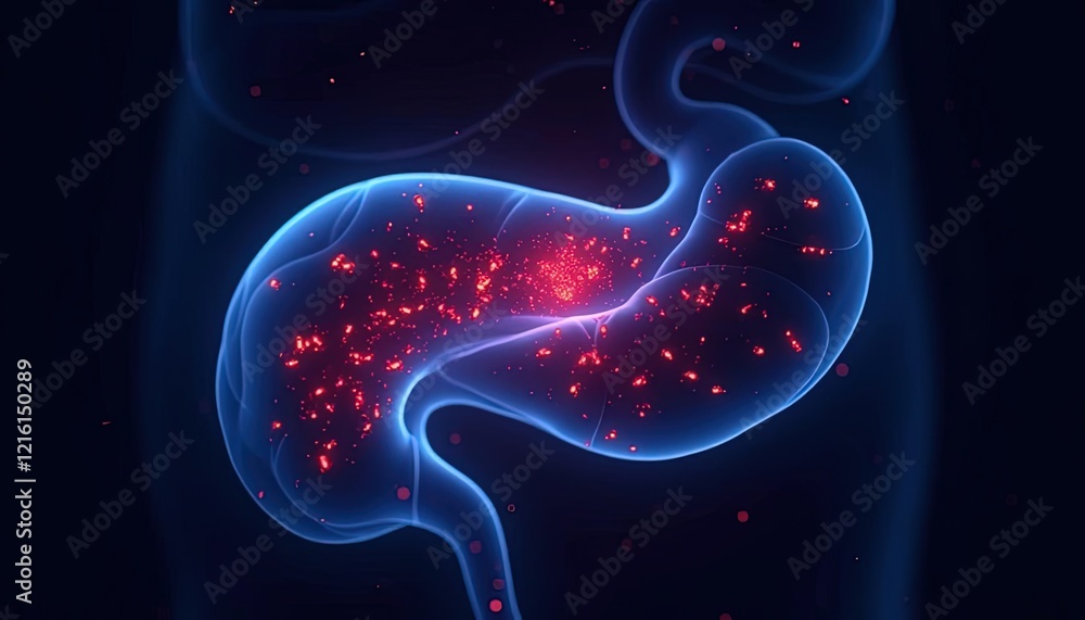 Obraz premium Illuminated Stomach Inflammation Red Particles Anatomy