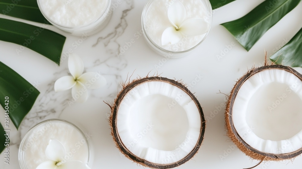 Fresh Coconut Cream with Tropical Leaves Display Fresh Coconut Cream with Tropical Leaves Display