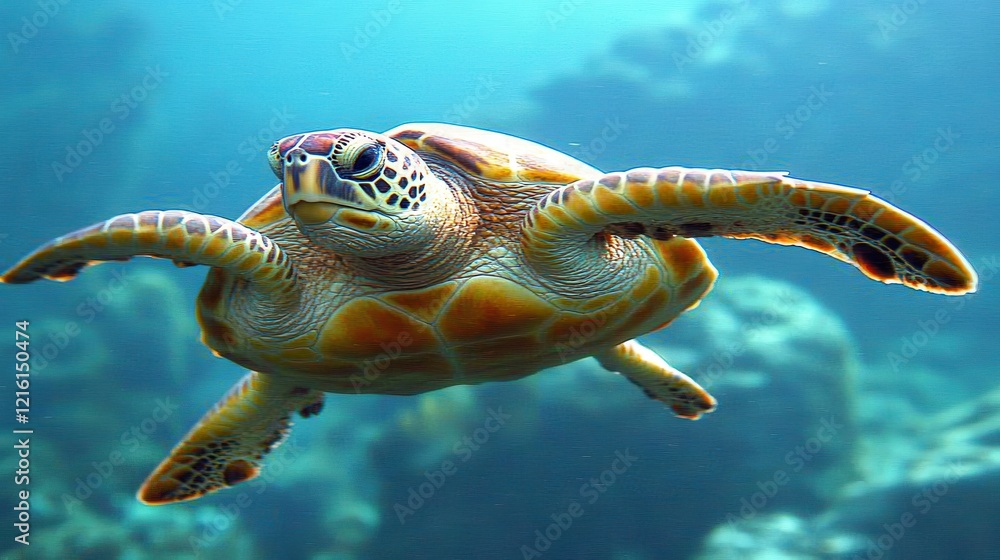Obraz premium Sea turtle gracefully swimming underwater, showcasing vibrant colors and intricate shell patterns.
