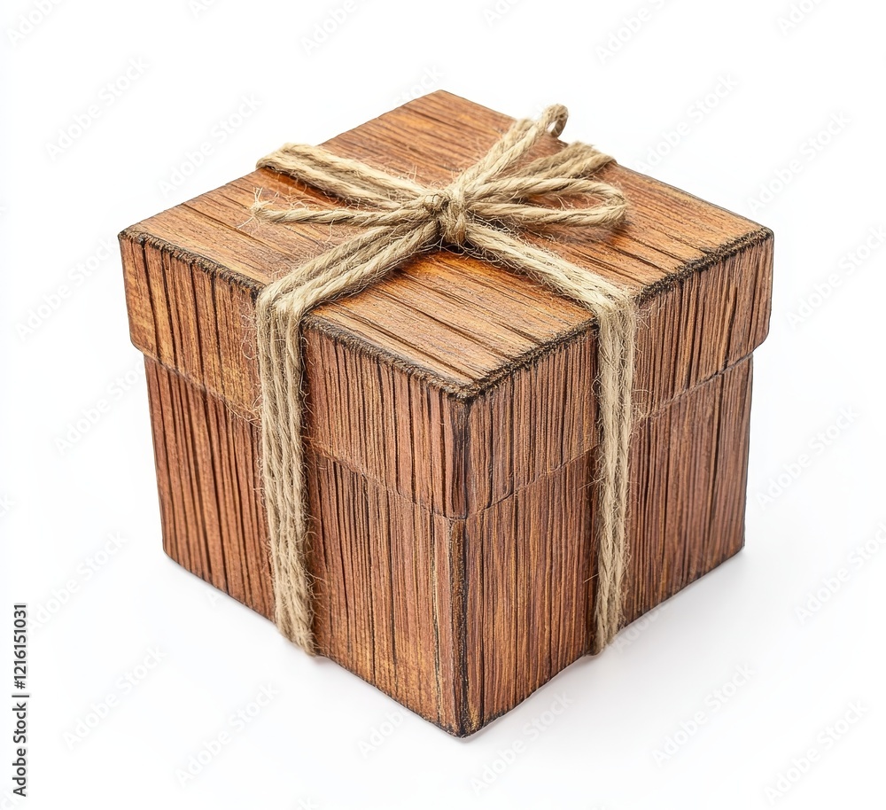 Square wooden gift box tied with twine. (1)