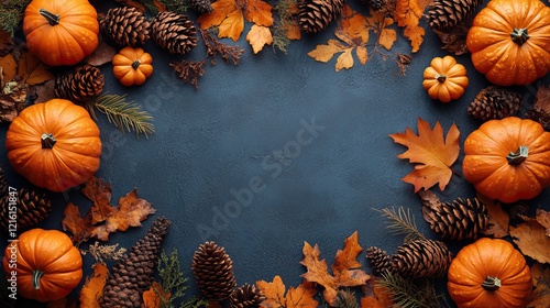 A rustic flat lay of small pumpkins, pine cones, and dry leaves arranged on a warm brown background, symbolizing the autumn harvest and Thanksgiving Day photo