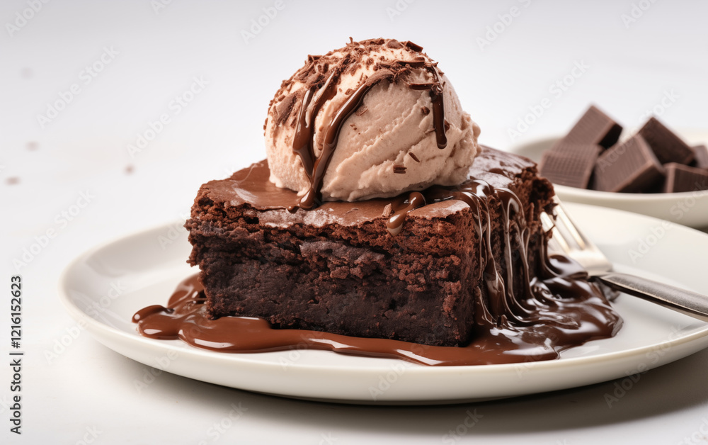 choco brownies with chocolate whipped cream on the top served on the white plate with ice cream scoop on the side with white background
choco brownies with chocolate whipped cream on the top served on the white plate with ice cream scoop on the side with white background