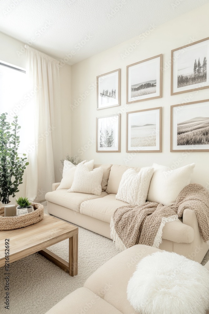 Fototapeta premium Cozy living room with neutral decor, stylish sofa, framed artworks, indoor plants, and natural light, creating a serene atmosphere for relaxation and gatherings.
