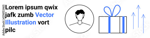 Text beside a digital portrait icon next to a gift box with blue ribbon and upward arrows. Ideal for user profiles, ecommerce, gifting services, marketing materials, digital branding, user