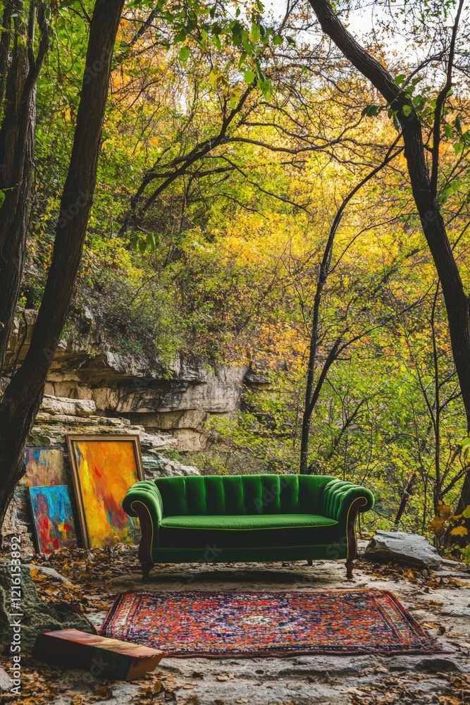 Obraz premium Couch placed in nature surrounded by trees and autumn foliage with colorful paintings nearby. Relaxation area in the wilderness for inspiration or retreat.
