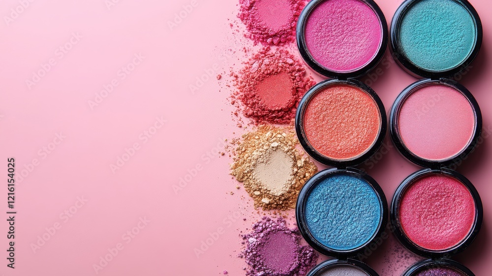 Colorful Makeup Powders Displayed on a Soft Pink Background Colorful Makeup Powders Displayed on a Soft Pink Background