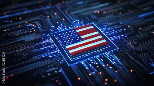 Computer chip, technology background with American flag design, symbolizing innovation, cybersecurity, and modern digital advancements in the USA.