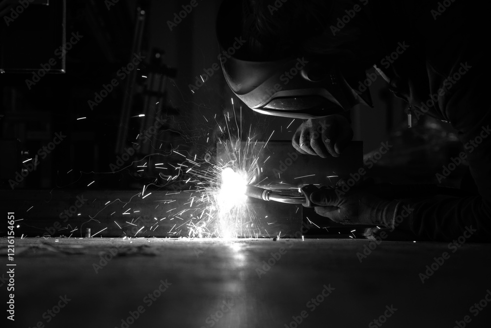 a person wearing a welding mask works on metal with a welding torch, creating sparks through the welding process