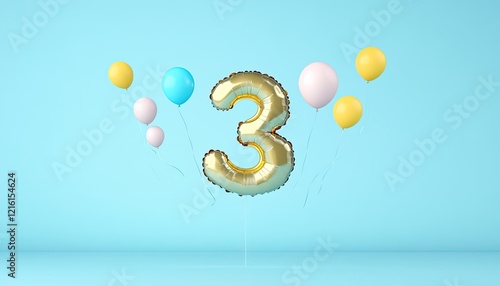 Colorful celebration scene featuring a large golden number 3 balloon surrounded by pastel balloons