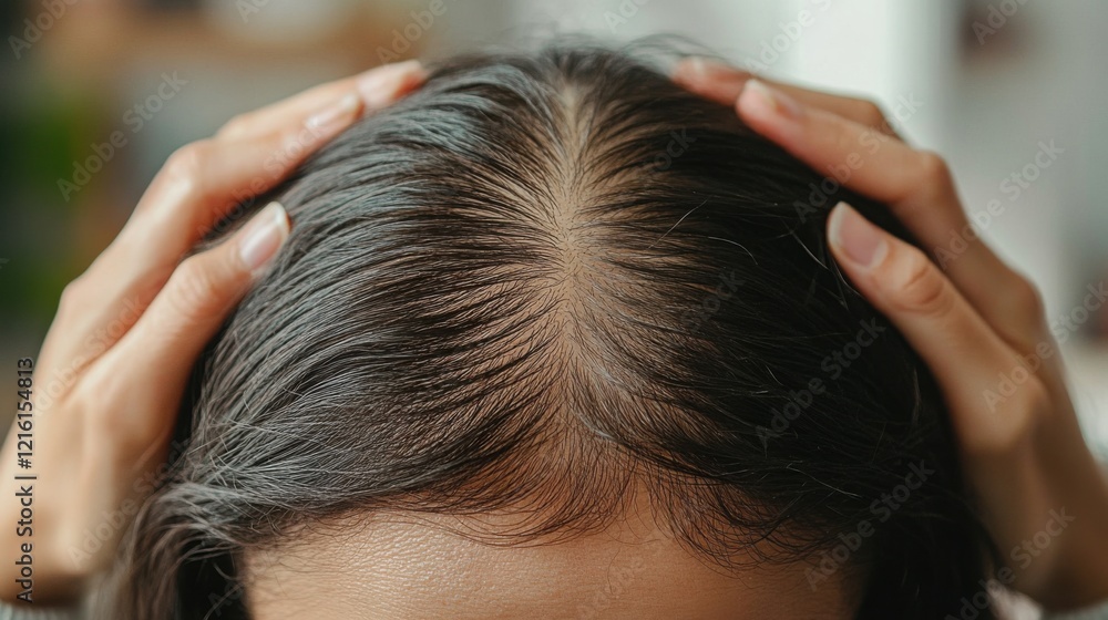 Obraz premium An individual with a receding hairline is holding back their thinning hair, showcasing early signs of male pattern baldness in a close-up view.