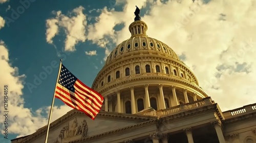 Capitol building in Washington D.C. with American flag waving in the foreground against a cloudy sky, symbolizing democracy and government power in the USA.