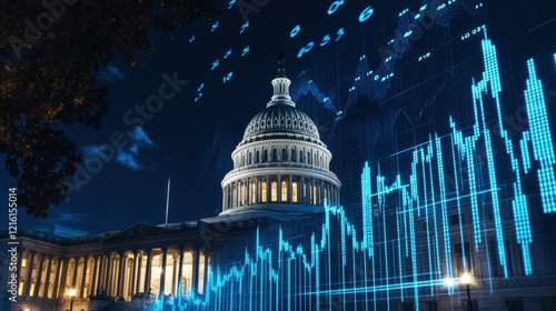 Capitol building at night with financial data overlays, representing government regulations and stock market trends impacting economic growth and investment strategies. photo