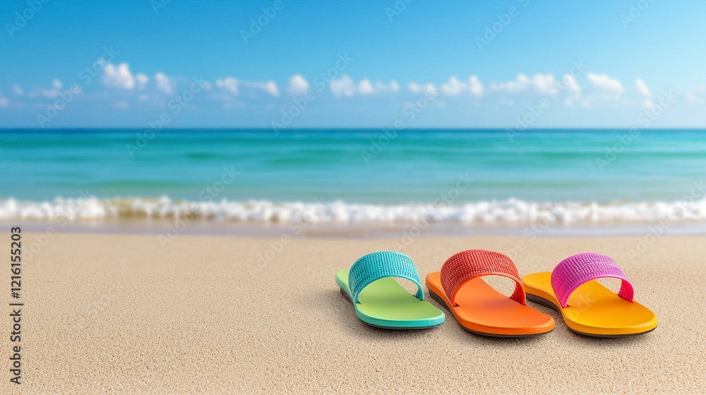 Pair of colorful flip flops resting on sandy beach with ocean waves in the background Pair of colorful flip flops resting on sandy beach with ocean waves in the background