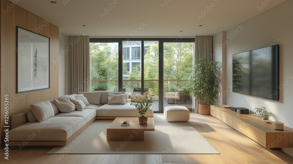 A living room with a large couch, a coffee table, and a potted plant. The room has a modern and minimalist design, with a focus on natural light and greenery A living room with a large couch, a coffee table, and a potted plant. The room has a modern and minimalist design, with a focus on natural light and greenery